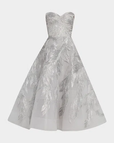 Monique Lhuillier Strapless Metallic Embroidered Tea-length Cocktail Dress In Silver