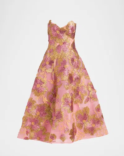 Monique Lhuillier Strapless Metallic Floral Embroidered Tulle Tea-length Dress In Pink
