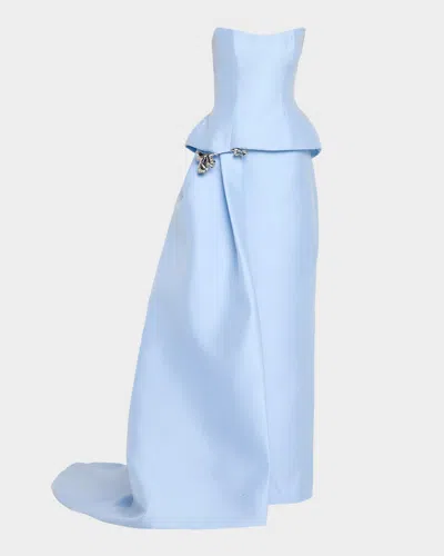 Monique Lhuillier Strapless Mikado Pique Peplum Drape Gown In Blue