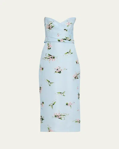 Monique Lhuillier Strapless Posie Print Silk Midi Cocktail Dress In Multi