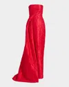 Monique Lhuillier Strapless Rose Jacquard Drape Column Gown In Red