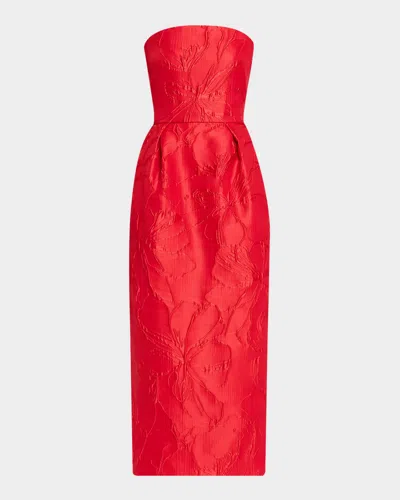 Monique Lhuillier Strapless Rose Jacquard Midi Dress In Red
