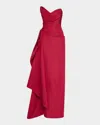 Monique Lhuillier Strapless Sculptural Draped Silk Faile Gown In Red