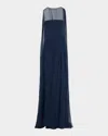 Monique Lhuillier Strapless Silk Slit Gown With Cape In Blue