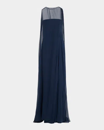 Monique Lhuillier Strapless Silk Slit Gown With Cape In Blue