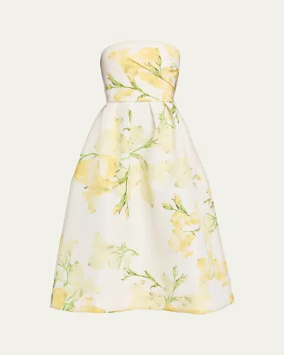 Monique Lhuillier Strapless Snapdragon Print Silk Faille Midi Dress In Pale Yellow