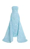 Monique Lhuillier Strapless Tea Length Column Cotton Blend Gown With Train In Blue