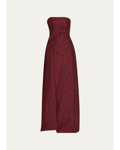 Monique Lhuillier Strapless Textured Jacquard Draped Train Column Gown In Brown