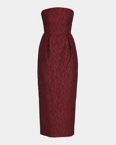 Monique Lhuillier Strapless Textured Jacquard Midi Dress In Burgundy