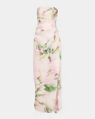 Monique Lhuillier Strapless Tulip Printed Gown With Slit In Multi