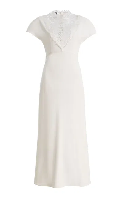 Monique Lhuillier Stretch Crepe V-neck Lace-insert Midi Dress In White