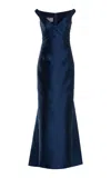Monique Lhuillier Tie-detailed Off-the-shoulder Mikado Gown In Navy
