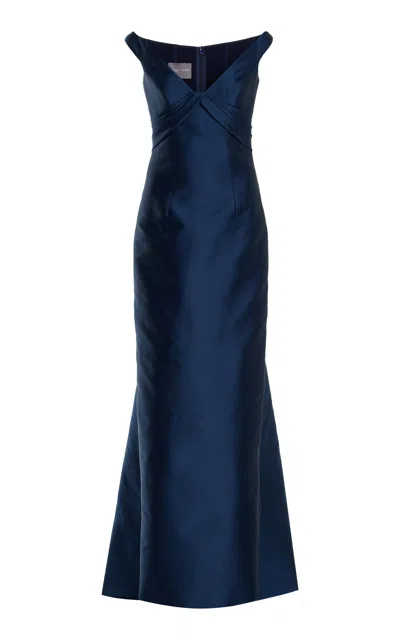 Monique Lhuillier Tie-detailed Off-the-shoulder Mikado Gown In Navy