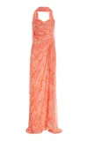 Monique Lhuillier Toile Printed Chiffon Silk Gown With Neck Scarf In Coral