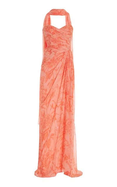 Monique Lhuillier Toile Printed Chiffon Silk Gown With Neck Scarf In Coral