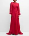 MONIQUE LHUILLIER TWISTED LONG-SLEEVE SILK GOWN