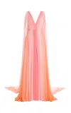 Monique Lhuillier V-neck Silk Pleated Gown With Streamers In Orange