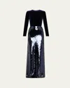 Monique Lhuillier Velvet Long-sleeve Gown With Sequined Skirt In Black
