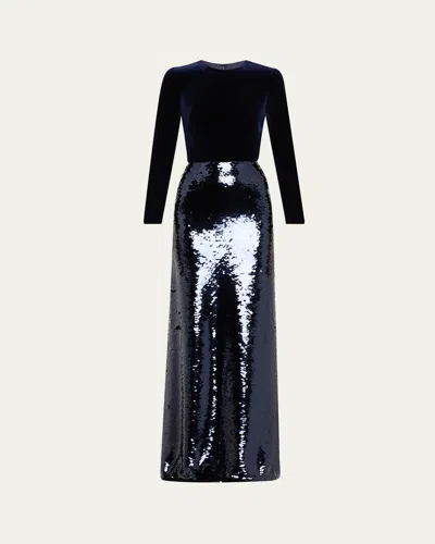 Monique Lhuillier Velvet Long-sleeve Gown With Sequined Skirt In Black