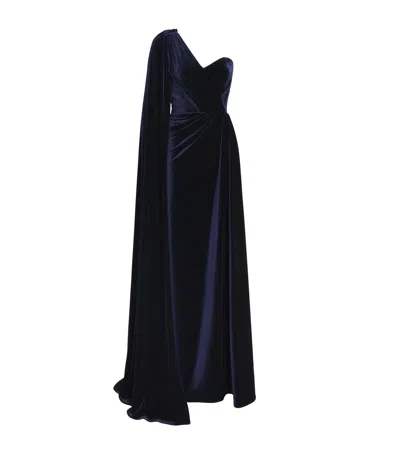 Monique Lhuillier Velvet One-shoulder Gown In Blue