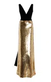 Monique Lhuillier Velvet Sequined Gown In Gold