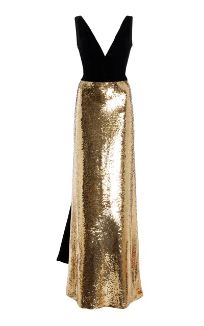 Monique Lhuillier Velvet Sequined Gown In Gold