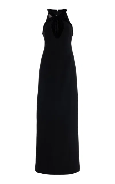 Monique Lhuillier Velvet-trimmed Wool-silk Gown In Black