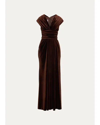 Monique Lhuillier V-neck Gathered Stretch Velour Column Gown In Brown