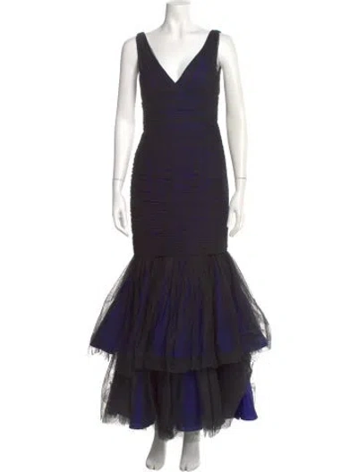 Pre-owned Monique Lhuillier V-neck Long Dress In Blue