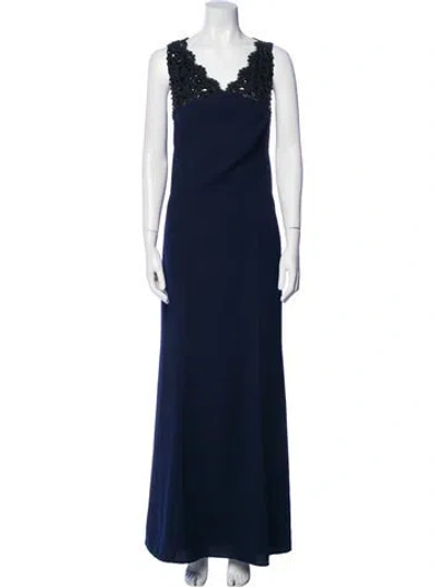 Pre-owned Monique Lhuillier V-neck Long Dress In Blue