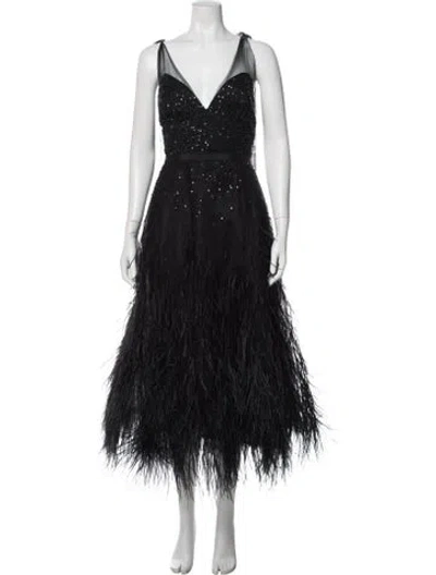 Pre-owned Monique Lhuillier V-neck Midi Length Dress In Black