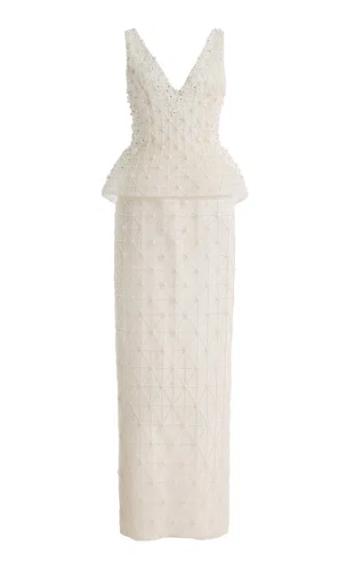 Monique Lhuillier V-neck Structured Column Gown In Neutral
