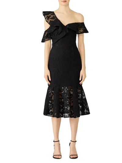 Monique Lhuillier Women's Lace Ruffle One Shoulder Midi Dress In Black