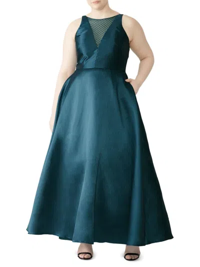 Monique Lhuillier Women's Mesh Trim Satin Flare Ballgown In Blue