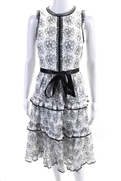 Monique Lhuillier Women's Sleeveless Lace Trim Tiered Floral Midi Dress In White