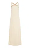 Monique Lhuillier Wool Blend Cutaway Neckline With Gold Crystal Embroidery In Neutral