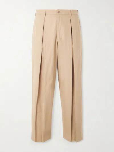 Monitaly Ekusy Wide-leg Cropped Pleated Cotton Trousers In Neutral