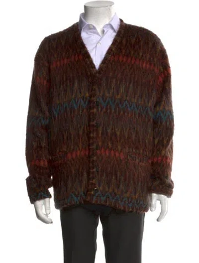 Pre-owned Monitaly Patterned V-neck Cardigan In Brown