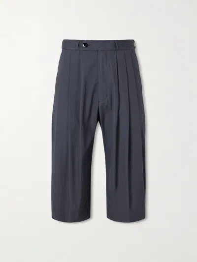 Monitaly Wide-leg Pleated Cotton Shorts In Blue