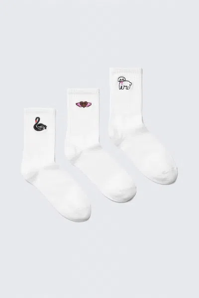 Monki 3-pack Embroidered Crew Socks