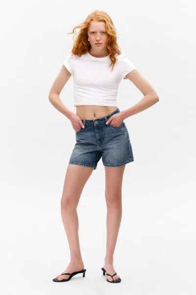 Monki Aimo Mid-rise Straight Leg Denim Shorts In White