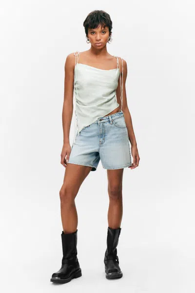 Monki Aimo Mid-rise Straight Leg Denim Shorts In Blue