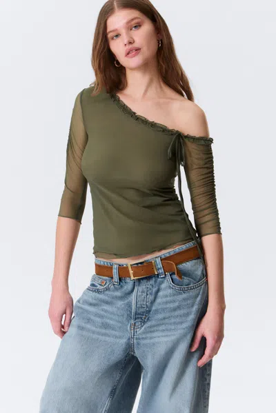 Monki Asymmetric Off-shoulder Three-quarter Sleeve Top In Green