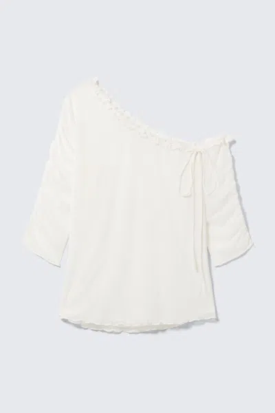 Monki Asymmetric Off-shoulder Three-quarter Sleeve Top In White