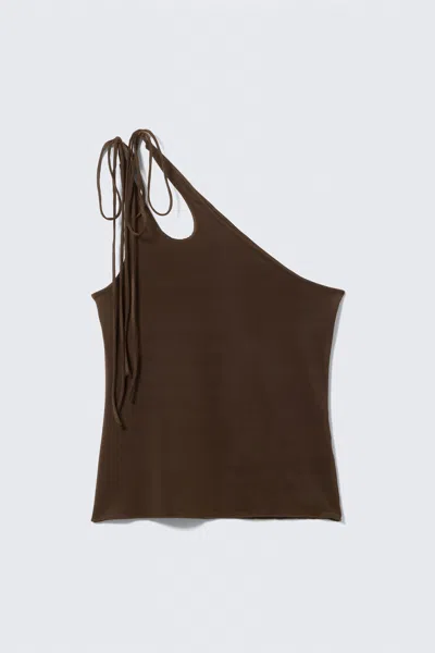 Monki Asymmetric Tie Jersey Tank Top In Brown