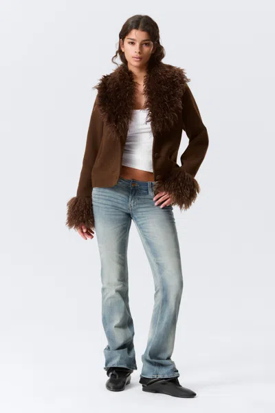 Monki Cropped Faux Fur Trim Jacket In Brown