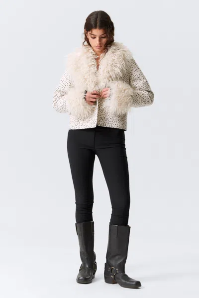 Monki Cropped Faux Fur Trim Jacket In White