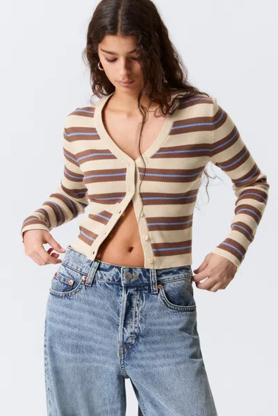 Monki Cropped Knitted V-neck Cardigan In Brown