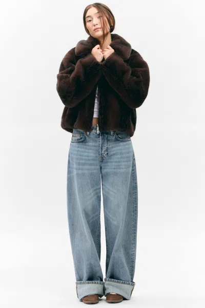 Monki Faux Fur Zip Jacket In Brown