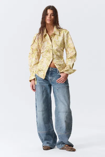 Monki Fitted Ruched Waist Shirt In Yellow
